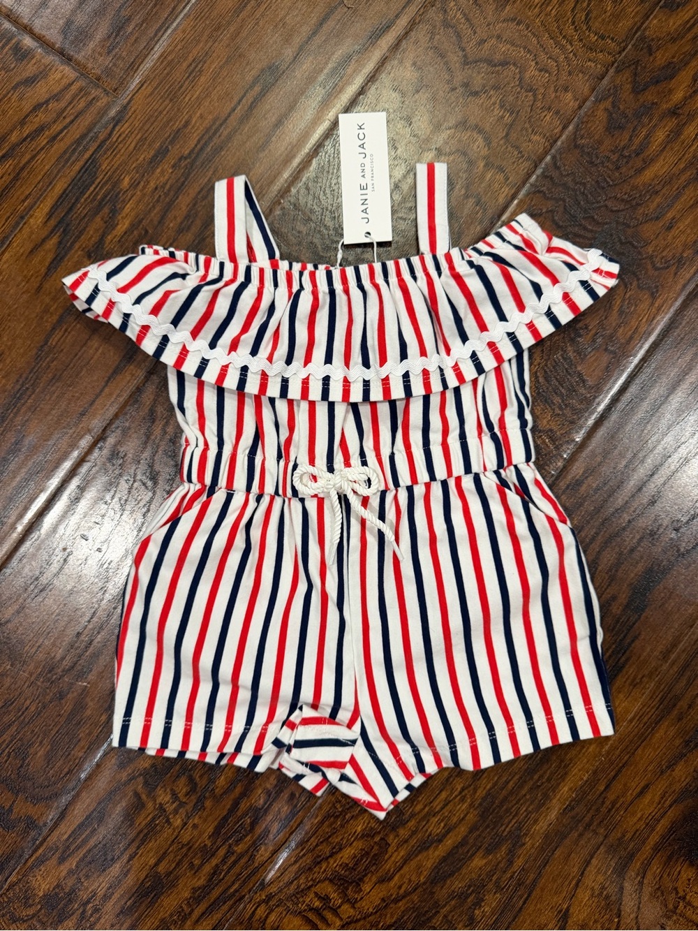 Janie and Jack Red, Navy & White Striped Girls Romper Sz 6-12 Months